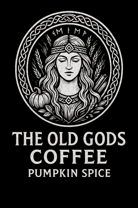 The Old Gods Coffee Pumpkin Spice blend label featuring a Norse goddess illustration with pumpkin, wheat, and cinnamon design, artisan dark coffee branding.