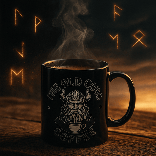 A steaming mug of coffee with 'The Old Gods Coffee' design, surrounded by mystical symbols on a wooden table.
