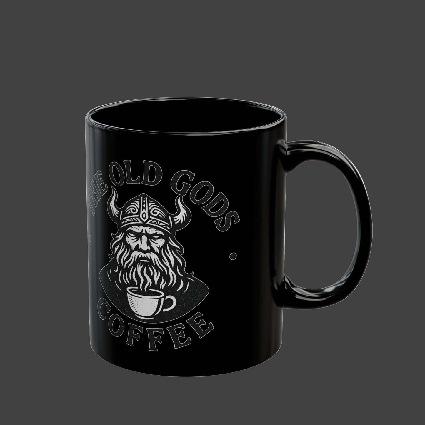 Black Norse coffee mug featuring The Old Gods Coffee emblem with a Viking design.