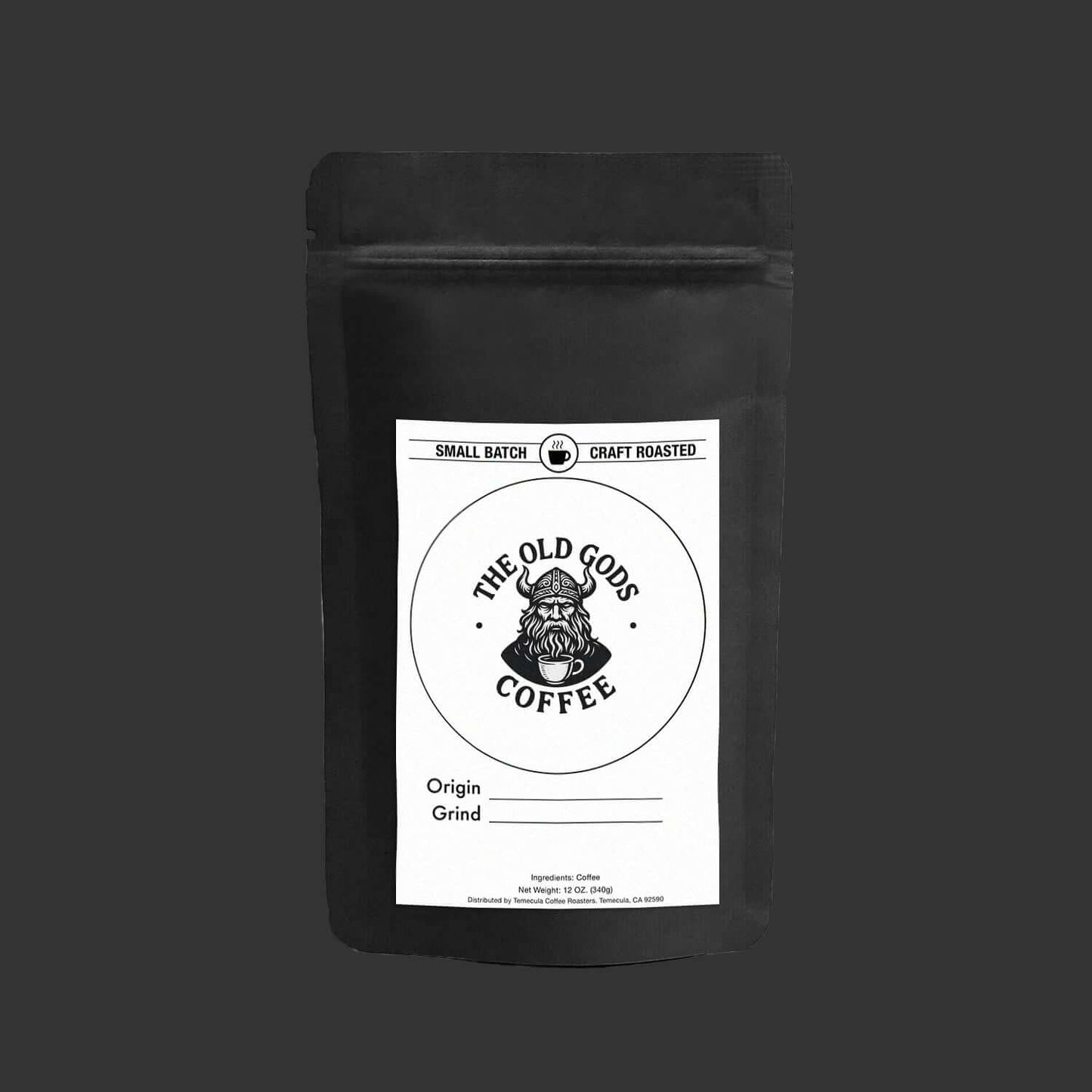 Black coffee packaging from The Old Gods Coffee, showcasing premium quality single serve coffee capsules.