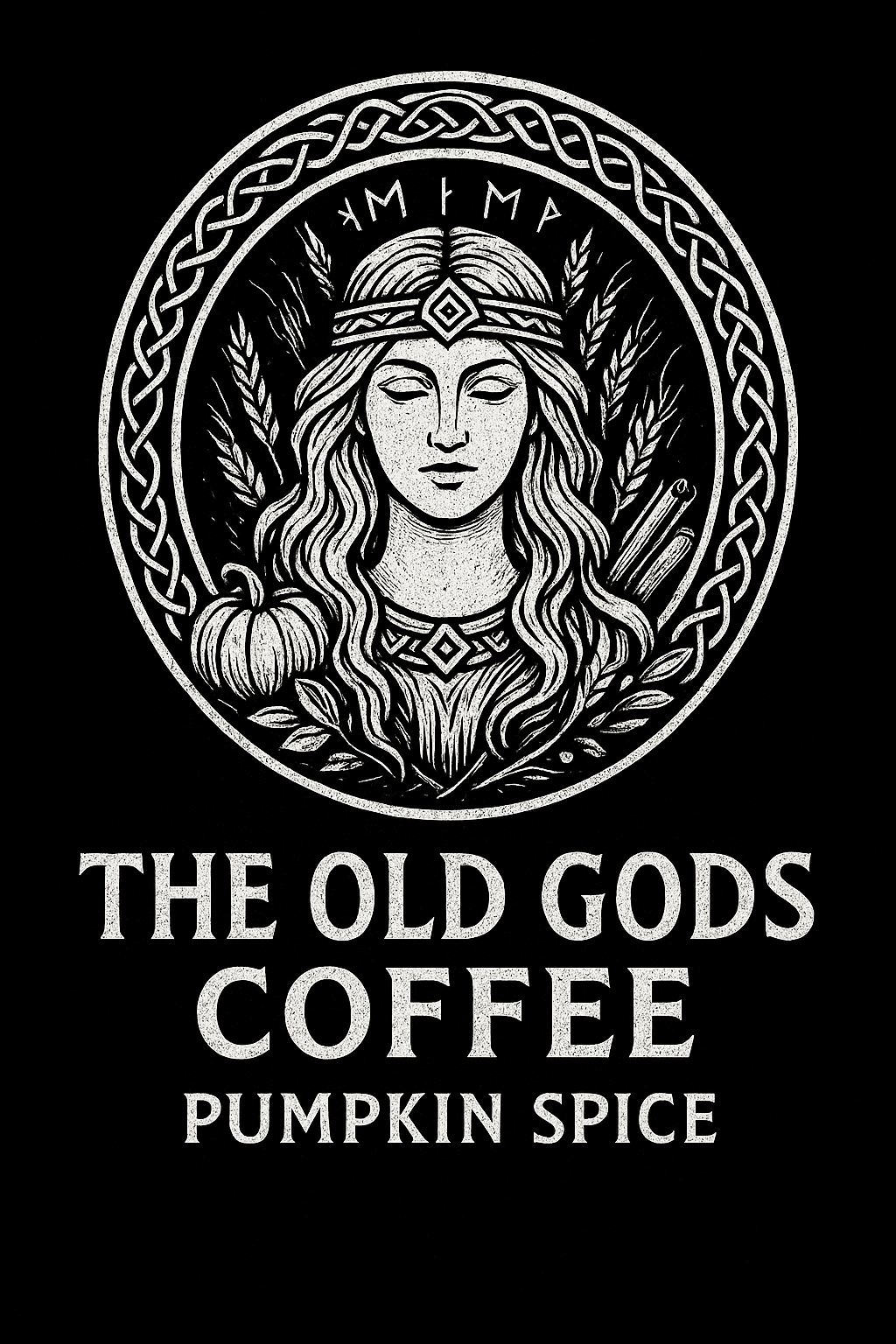 The Old Gods Coffee Pumpkin Spice blend label featuring a Norse goddess illustration with pumpkin, wheat, and cinnamon design, artisan dark coffee branding.