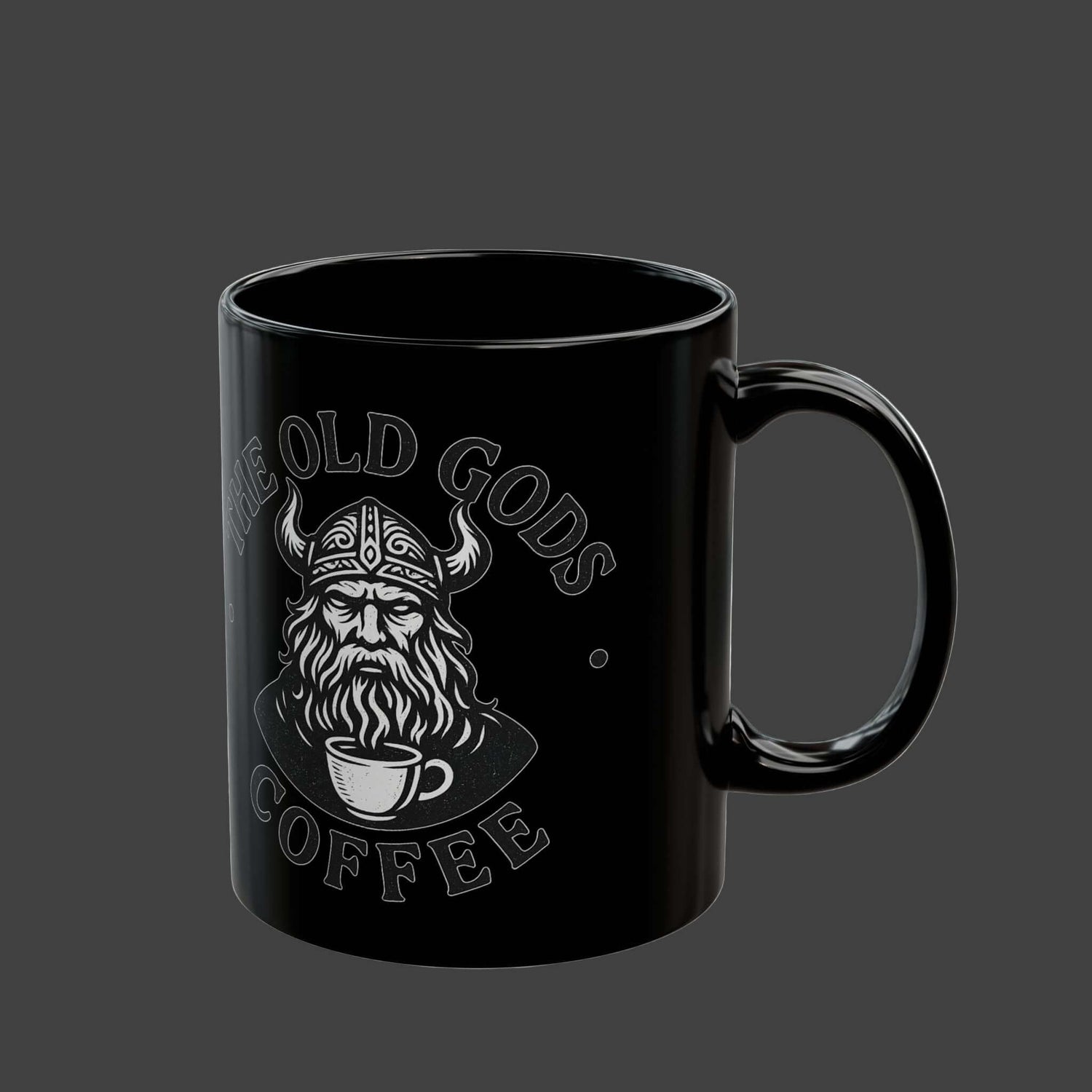 Black Norse coffee mug featuring The Old Gods Coffee emblem with a Viking design.