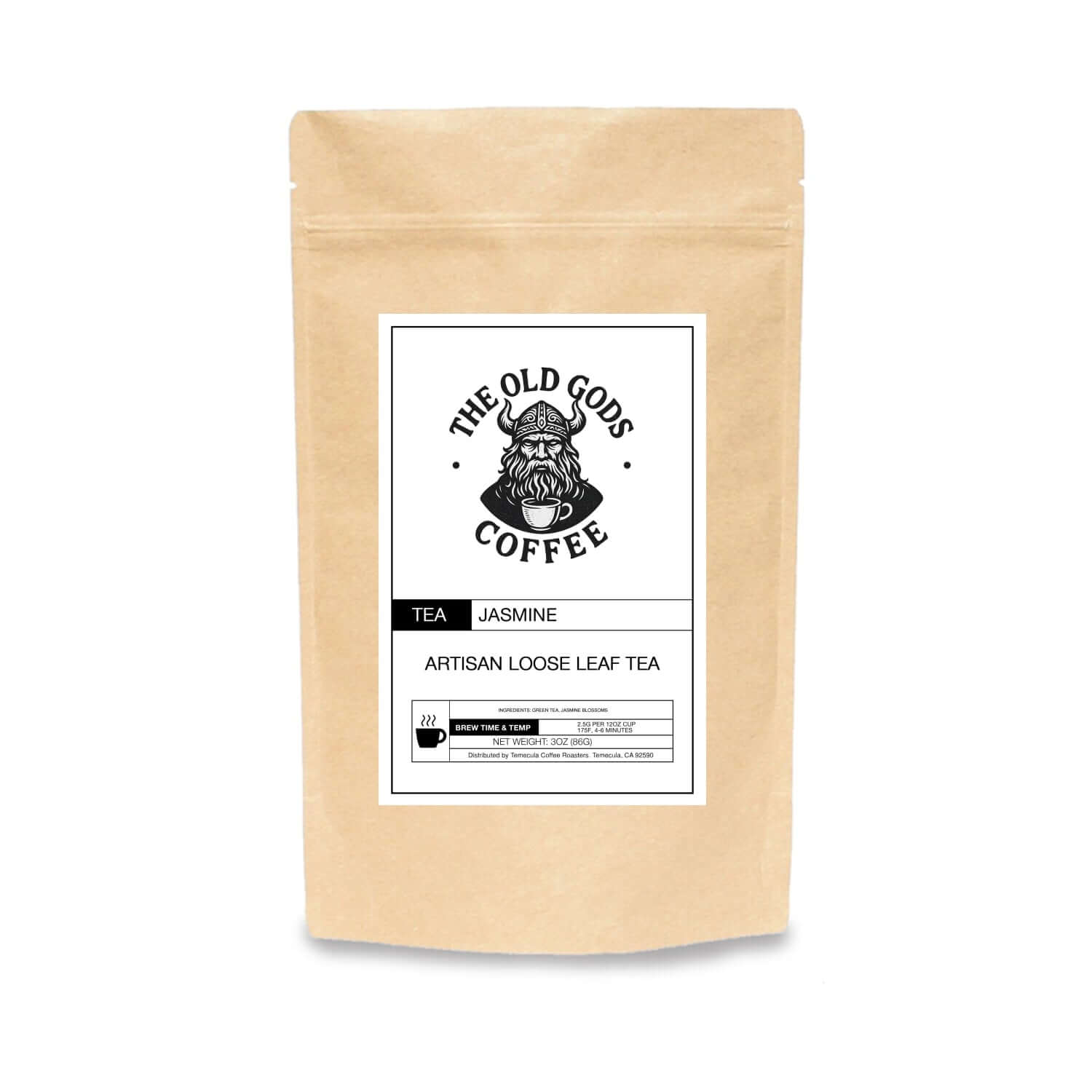 Artisan loose leaf jasmine tea package by The Old Gods Coffee, featuring a simple design and logo.