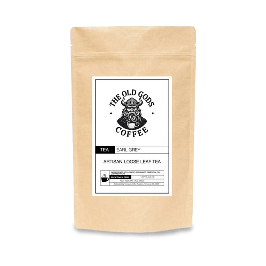Earl Grey tea loose leaf packaging from The Old Gods Coffee, featuring floral and bold black tea blend.