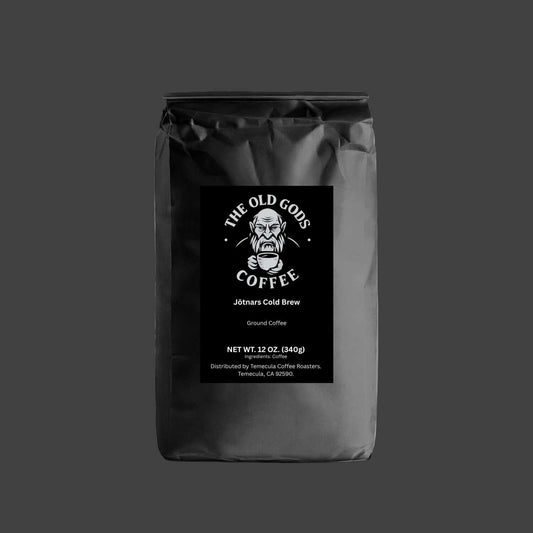 Jotnars Cold Brew Coffee bag by The Old Gods Coffee, featuring a sleek black design and bold logo.