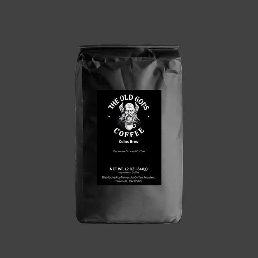 Black coffee bag with 'The Old Gods Coffee' logo on a white background