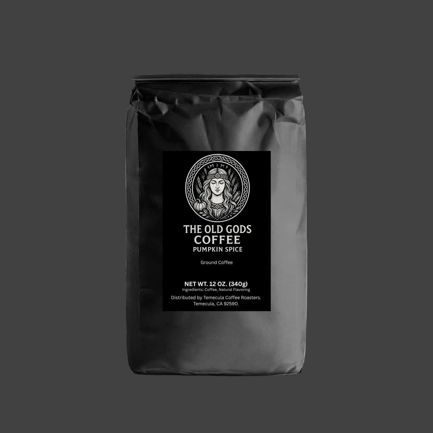 Black coffee bag with 'The Old Gods Coffee' label on a white background